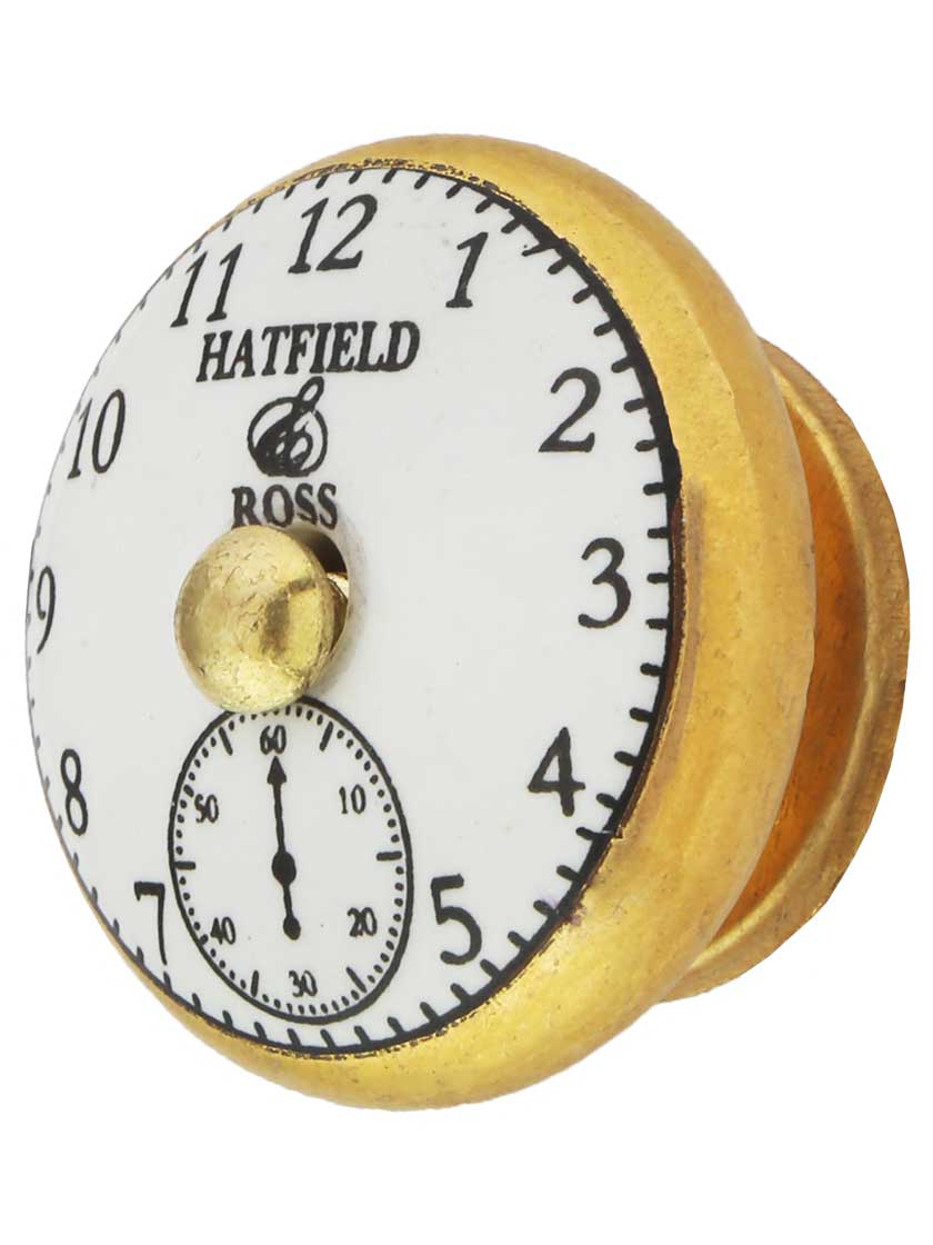 White Porcelain PocketWatch Face Knob with Brass Base House